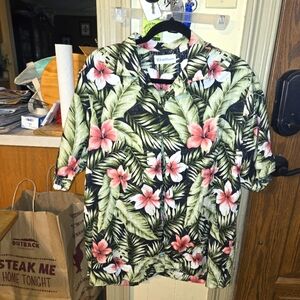 Caribbean Hawaiian Shirt Men's L Green Floral Tropical Aloha